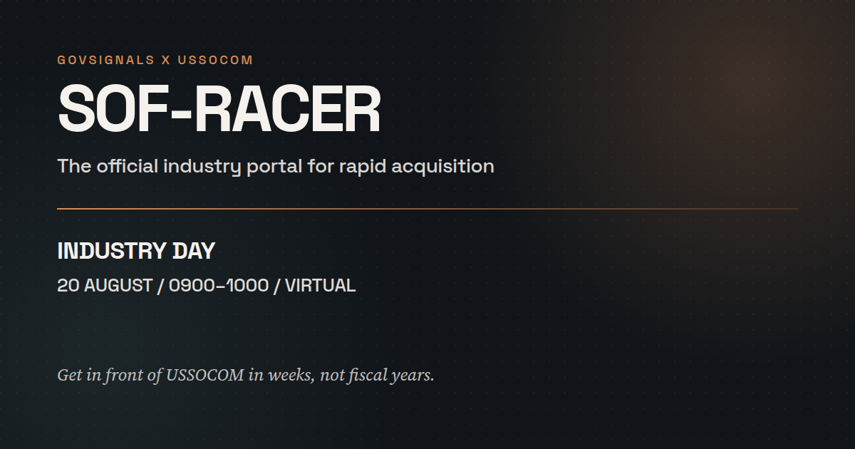 SOF-RACER official portal announcement from GovSignals and USSOCOM