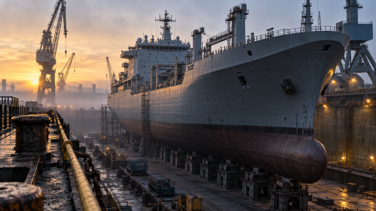 Illustrative support ship and cranes in a dry dock