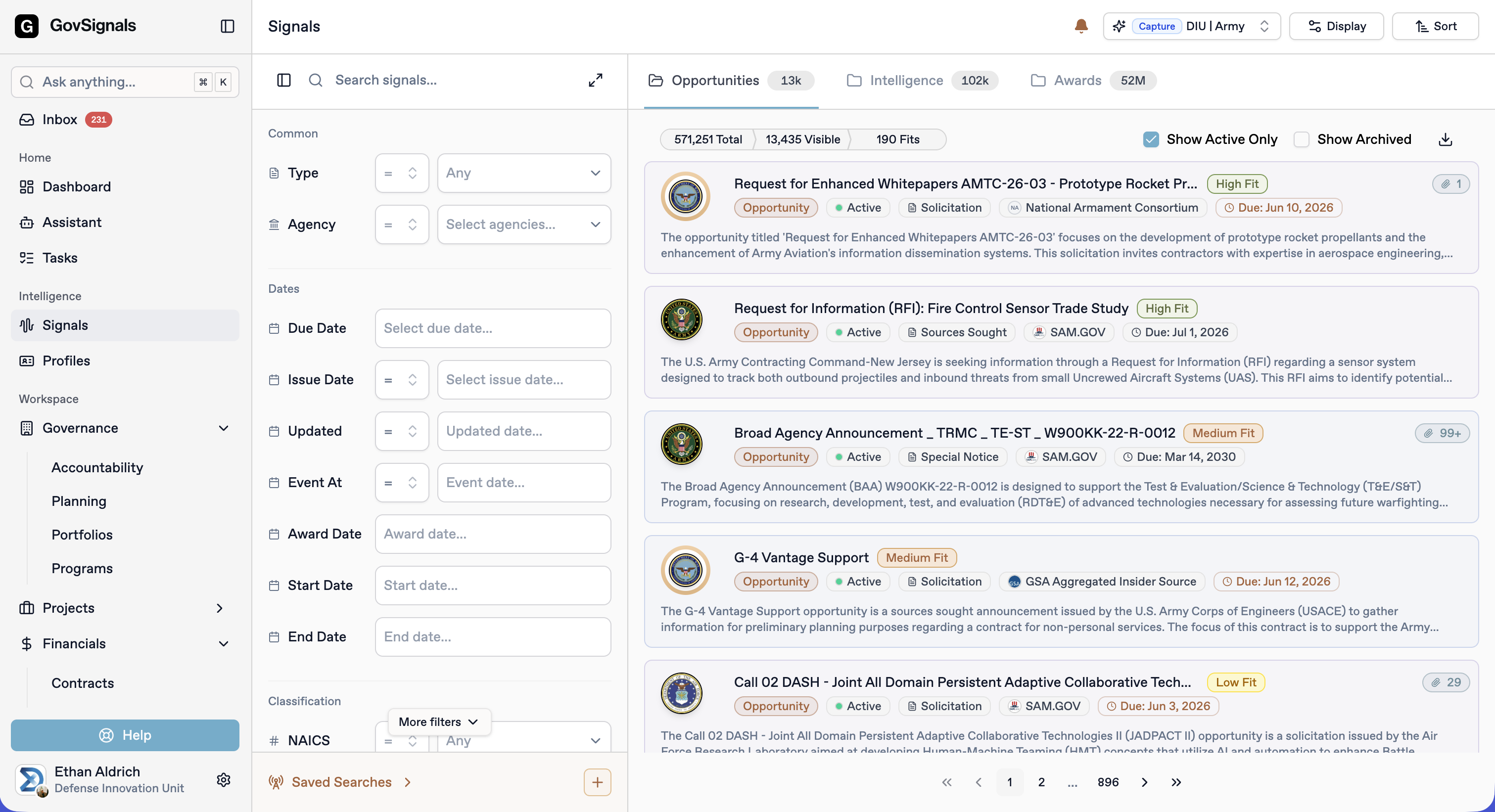 Signals search and opportunity filters
